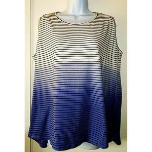 JOAN VAAS 1X White Cotton Knit No Sleeve Tunic w/Blue Ombre Bottom &Black Stripe